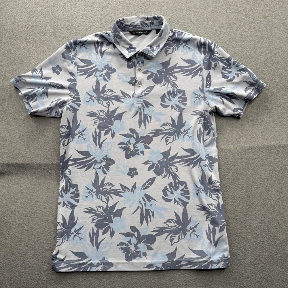 TravisMathew Polo Shirt Mens Medium Gray Blue Floral Golf Performance